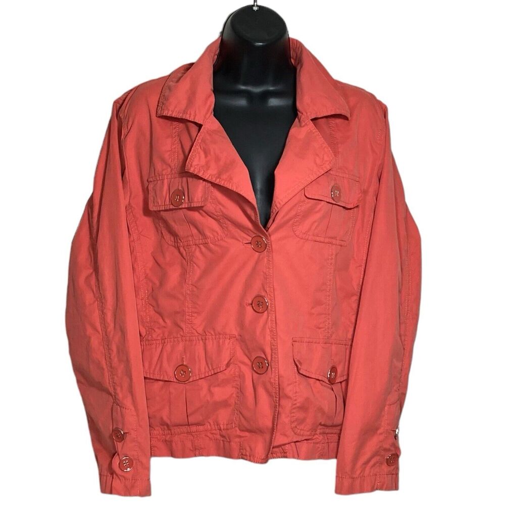 Chicos Jacket Womens 2 (Large) Orange Utility Lightweight Trucker Pockets Button